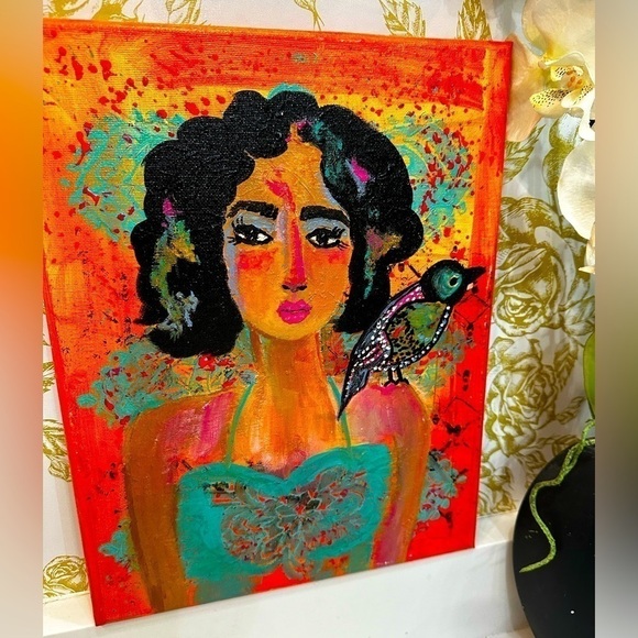 Original Art Painting Artwork Acrylic on Canvas Woman with bird Teal & Orange - Picture 1 of 9
